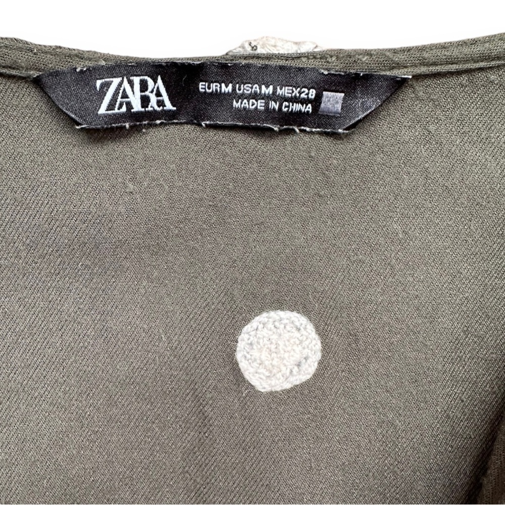 Zara Khaki Green Embroidered Polka Dot Long Sleeve Baby-Doll Dress | Medium - Picture 14 of 14